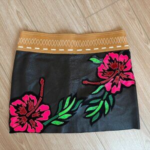 jean claude jitrois black leather neon floral mini skirt